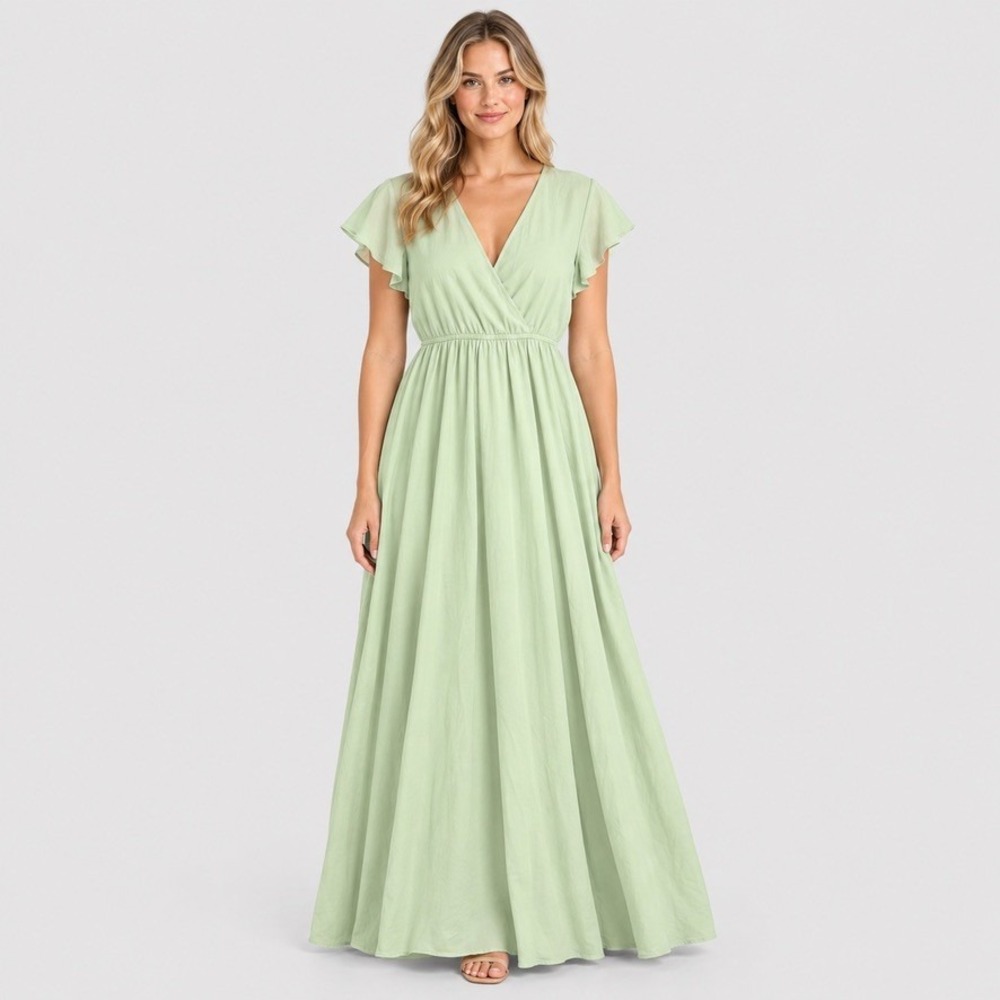 Lulus Womens L Seafoam Green Maxi Dress Surplice Flutter Sleeve Boho Wedding